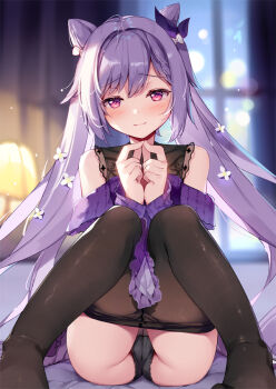  1girl :o alternate_costume ass black_panties black_pantyhose blurry blurry_background blush breasts cameltoe clothes_pull curtains embarrassed fingers_together genshin_impact hair_ornament indoors keqing_(genshin_impact) knees_together_feet_apart knees_up lamp looking_at_viewer miyase_mahiro panties panties_under_pantyhose pantyhose pantyhose_pull purple_eyes purple_hair purple_sweater raised_eyebrows sitting smile solo sweater thighs underwear window  rating:Questionable score:167 user:danbooru