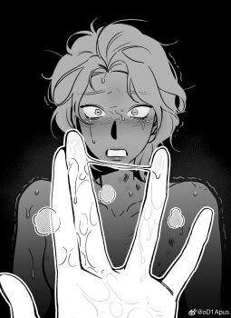  2girls absurdres bare_shoulders bite_mark black_background blush clenched_teeth collarbone constricted_pupils couple crying crying_with_eyes_open female_pov g00d1a greyscale hand_up highres implied_sex like_mother_like_daughter looking_at_viewer messy_hair monochrome multiple_girls nervous_sweating nose_blush nude parted_bangs pov pov_hands pussy_juice pussy_juice_on_fingers pussy_juice_trail ryu_sol scared short_hair simple_background somyung&#039;s_mother_(like_mother_like_daughter) steaming_body surprised sweat tears teeth trembling upper_body watermark wavy_hair weibo_username weibo_watermark wet wide-eyed yuri 