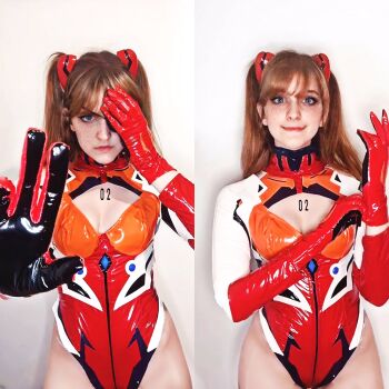  1girl :3 adapted_costume alternate_costume bodysuit brazilian_(nationality) breasts brown_hair cleavage cleavage_cutout clothing_cutout cosplay highleg highleg_leotard highres leotard lips long_hair looking_at_viewer mecha_pilot_suit medium_breasts memepantazis multiple_views neon_genesis_evangelion official_alternate_costume photo_(medium) plugsuit_(evangelion) rebuild_of_evangelion red_leotard shiny_clothes simple_background skin_tight skindentation smile souryuu_asuka_langley souryuu_asuka_langley_(cosplay) standing thong_leotard  rating:Sensitive score:20 user:fakyuh