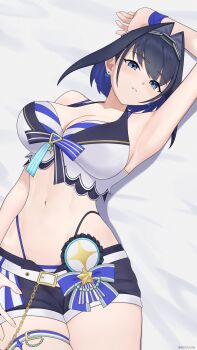  1girl absurdres arm_up belt bikini bikini_bottom_under_shorts bikini_under_clothes blue_bikini blue_eyes blue_hair blush bow bow_earrings breasts chain chain_headband cleavage cowboy_shot earrings fanged_bangs gototo_touma hair_intakes highleg highleg_bikini highres hololive hololive_english hololive_summer_2023_swimsuit jewelry large_breasts looking_at_viewer official_alternate_costume on_bed ouro_kronii ribbon_earrings short_hair shorts solo striped_bikini striped_clothes swimsuit thigh_belt thigh_strap virtual_youtuber white_bikini 