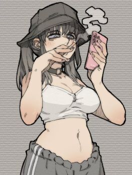  1girl black_hair black_hat black_pants breasts camisole cellphone choker cigarette cleavage commentary crop_top ear_piercing earrings english_commentary hat highres holding holding_phone jewelry large_breasts midriff navel o-ring o-ring_choker original pants pantsu-ripper phone piercing smartphone smoke smoking solo sweatpants upper_body white_camisole white_eyes 