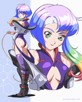  1girl ass blue_hair boots breasts center_opening commentary cyberpunk:_edgerunners cyberpunk_(series) english_commentary faux_retro_artstyle from_behind full_body gradient_hair green_eyes high_heel_boots high_heels highres leotard long_single_sidelock looking_at_viewer looking_back lucy_(cyberpunk) multicolored_hair multiple_views purple_leotard purple_thighhighs raul_trevino short_hair thighhighs upper_body 