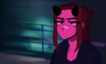  1girl bandaid bandaid_on_face bandaid_on_nose blade_runner_(series) blade_runner_2049 blue_jacket blurry blurry_background brown_eyes brown_hair closed_mouth ear_piercing half-closed_eyes highres horns jacket looking_up meme movie_reference original piercing scene_reference serious shibansfw short_hair solo upper_body you_look_lonely_(meme) 