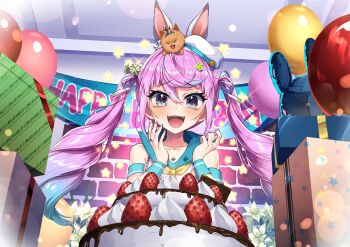  1girl :d animal animal_ears animal_on_head balloon bare_shoulders beret birthday birthday_cake blue_eyes blue_hair blue_nails blue_sailor_collar box cake commission commissioner_upload comrade_karin curly_hair dog dog_on_head flower food food_awe fruit fudge gift gift_box gradient_hair hair_between_eyes hair_ribbon hand_on_own_cheek hand_on_own_face happy happy_birthday hat highres icing indie_virtual_youtuber indoors jewelry light_blush light_particles long_hair looking_at_food multicolored_hair neckerchief necklace on_head open_mouth pendant pink_hair pomeranian_(dog) rabbit_ears ribbon ring sailor_collar shirt sleeveless sleeveless_shirt smile strawberry twintails virtual_youtuber white_flower white_headwear white_shirt wrist_cuffs yellow_neckerchief zenniibi2 