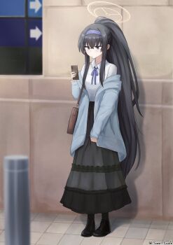  1girl alternate_costume arrow_(symbol) black_hair black_shoes black_skirt blue_archive blue_eyes blue_hairband blue_jacket blue_ribbon bollard brown_bag brown_halo cellphone closed_mouth collared_shirt commentary_request full_body hairband halo highres holding holding_phone jacket long_hair long_skirt long_sleeves looking_at_phone neck_ribbon off_shoulder phone ponytail ribbon shirt shirt_tucked_in shoes single_sleeve_past_wrist skirt smartphone solo sora_scale tile_floor tiles ui_(blue_archive) very_long_hair white_shirt 