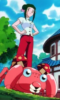 1girl anime_screenshot cassandra_(pokemon) changshan chinese_clothes gen_1_pokemon green_hair hair_buns nintendo orange_eyes paras pokemon pokemon_(anime) pokemon_(classic_anime) pokemon_ep044 smile