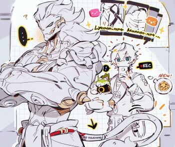  ! ... 1other 2boys ? arrow_(symbol) artificial_eye bangboo_(zenless_zone_zero) banyue_(zenless_zone_zero) belion_(zenless_zone_zero) blue_eyes cellphone checkered_background chinese_clothes clothes_around_waist coin coin_on_string crossed_arms hair_between_eyes holding holding_phone humanoid_robot long_hair male_focus marusan159 mechanical_arms mechanical_eye mechanical_hands mechanical_tail motion_lines multiple_boys official_alternate_costume partially_colored phone recording robot robot_boy short_hair sparkle speech_bubble spoken_animal spoken_exclamation_mark tail thought_bubble white_background white_hair wise_(soaring_crane)_(zenless_zone_zero) wise_(zenless_zone_zero) zenless_zone_zero 