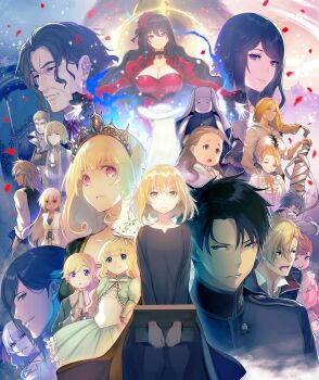  6+boys 6+girls ascot black_choker black_dress black_hair blonde_hair blue_eyes bound bound_wrists breasts cecilia_adelbide character_request choker cleavage closed_mouth commentary_request constance_grail dominic_hamsworth dress enrique_adelbide eris_no_seihai falling_petals flower green_dress green_eyes hair_flower hair_ornament hat highres large_breasts lily_orlamunde long_hair military_uniform multiple_boys multiple_girls official_art open_mouth outstretched_arms petals pink_eyes purple_eyes randolph_ulster red_dress red_flower red_petals red_rose rose scarlet_castiel short_hair smile spread_arms stocks tiara very_long_hair white_ascot white_hat yuunagi_(seventh_heaven) 