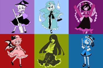  6+girls bamboo_print bat_wings blunt_bangs bow bowtie branch broom capelet closed_mouth collared_shirt full_body hair_bow hair_ornament hand_fan hat hat_bow hitodama holding holding_broom holding_fan houraisan_kaguya japanese_clothes jeweled_branch_of_hourai juliet_sleeves kimono kirisame_marisa leaf_hair_ornament long_skirt long_sleeves looking_at_viewer medium_skirt mob_cap multiple_girls multiple_monochrome multiple_theme_colors obi open_mouth puffy_sleeves remilia_scarlet rod_of_remorse rope saigyouji_yuyuko sannu sash shiki_eiki shimenawa shirt short_hair single_sidelock skirt smile socks straight-on thighhighs touhou triangular_headpiece waist_bow wings witch_hat yasaka_kanako 