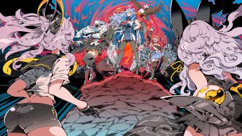  5girls ass ass_focus azur_lane battle_tendency belt bird black_belt black_camisole black_coat black_necktie black_pantyhose black_skirt black_thighhighs bloody_stream blue_cloak blue_dress blue_eyes blue_hair boots breasts brown_eyes butt_crack camisole choker cloak coat collared_shirt dress eagle enterprise_(azur_lane) essex_(azur_lane) flight_deck frilled_choker frills from_behind gold_trim hat headgear high_ponytail highres jojo_no_kimyou_na_bouken kafun large_breasts long_hair military_hat miniskirt multiple_girls neckerchief necktie observer_alpha_(azur_lane) official_art open_clothes open_coat pantyhose parody peaked_cap pleated_skirt ponytail purifier_(azur_lane) red_hair retrofit_(azur_lane) rigging san_diego_(azur_lane) shirt short_shorts shorts siren_(azur_lane) skirt sleeveless sleeveless_shirt tentacles thighhighs thighs twintails underbust very_long_hair white_hair white_headwear white_shirt yellow_neckerchief 