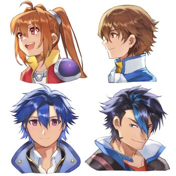  1girl 3boys ahoge antenna_hair ao_no_kiseki armor black_hair blue_eyes blue_hair brown_eyes brown_hair cancanbaobao55 closed_mouth double-parted_bangs eiyuu_densetsu estelle_bright hair_between_eyes hair_intakes hashtag-only_commentary high_collar highres kuro_no_kiseki_(series) lloyd_bannings long_hair looking_at_viewer mullet multiple_boys open_mouth parted_bangs pauldrons portrait purple_eyes rean_schwarzer red_eyes sen_no_kiseki_(series) short_hair shoulder_armor simple_background single_pauldron smile twintails van_arkride white_background wing_collar zero_no_kiseki 