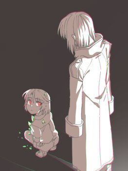  2boys black_background child coat commentary_request crystal expressionless high_collar looking_at_another makabe_kazuki minashiro_soushi multiple_boys nagi_(exsit00) red_eyes short_hair sleeve_cuffs soukyuu_no_fafner spot_color squatting standing time_paradox 