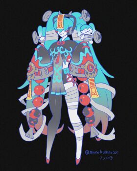  1girl alternate_costume artist_name asymmetrical_clothes asymmetrical_legwear bandaged_leg bandages black_background black_pants black_shirt blue_hair blush_stickers character_doll closed_mouth commentary doll female_focus full_body ghost_girl ghost_pose hair_over_eyes hatsune_miku headphones high_heels highres japanese_text jiangshi legs_apart long_hair long_sleeves mandarin_collar nails nonshara ofuda ofuda_on_head orb pale_skin pants pelvic_curtain red_shoes shirt shoes simple_background sleeves_past_fingers sleeves_past_wrists smile solo standing tassel twintails very_long_hair vocaloid x_x yin_yang  rating:General score:0 user:Itwyug3