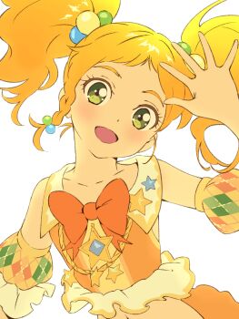 1girl :d aikatsu!_(series) aikatsu_stars! blonde_hair braid commentary detached_sleeves green_eyes hair_bobbles hair_ornament hand_up hashtag-only_commentary highres idol_clothes long_hair looking_at_viewer nikaido_yuzu open_hand open_mouth orange_shirt puffy_detached_sleeves puffy_sleeves semham shirt side_braid simple_background smile solo star_(symbol) twintails upper_body waving white_background rating:General score:3 user:danbooru