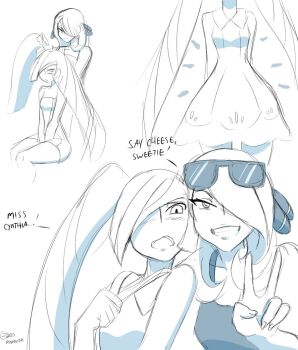  2017 2girls cynthia_(pokemon) dress english_text greyscale long_hair looking_at_viewer lusamine_(pokemon) monochrome multiple_girls nintendo pokemon pokemon_dppt pokemon_sm sunglasses sunglasses_on_head v zeromomentai 