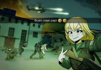  1girl 2026_united_states_strikes_in_venezuela 5boys aircraft ak-47 assault_rifle blonde_hair ch-47_chinook commentary delta_force emoji english_commentary flag_patch gun helicopter highres kalashnikov_rifle m4_carbine multiple_boys nicolas_maduro original pandramodo rifle selfie smile twitter_username uh-60_blackhawk venezuelan_flag weapon 