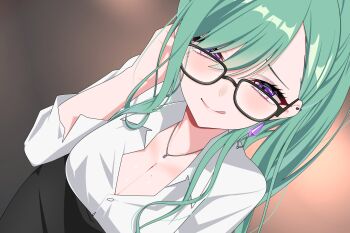  1girl :q black-framed_eyewear black_skirt breasts button_gap buttons cleavage closed_mouth collared_shirt commentary_request dress_shirt dutch_angle ear_piercing earrings glasses green_hair hand_up highres jewelry large_breasts leaning_forward long_hair long_sleeves looking_at_viewer mole mole_on_breast necklace office_lady omas_lie piercing ponytail purple_eyes shirt skirt smile solo tongue tongue_out virtual_youtuber vspo! white_shirt yakumo_beni 