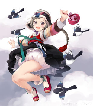  1girl beoseon bird bloomers braid brown_eyes brown_hair comet_(teamon) danghye female_focus hat jobawi kaku-san-sei_million_arthur korean_clothes long_hair million_arthur_(series) open_mouth original single_braid smile solo underwear 