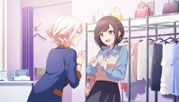 2girls :d akiyama_yuuki bag black_skirt blue_jacket blue_ribbon blue_shirt bracelet braid breasts brown_eyes brown_hair clothes_rack clothes_shop coat_rack colorful_palette curtains dot_nose excited fitting_room frilled_shirt_collar frilled_sleeves frills game_cg hair_ribbon hands_up highres hodokenu_ashita_ni_te_wo_nobashite_(project_sekai) jacket jewelry light_blush long_sleeves medium_breasts multiple_girls neck_ribbon nervous nervous_smile nervous_sweating official_art open_mouth orange_ribbon orange_shirt orange_trim own_hands_together pink_eyes pink_hair profile project_sekai ribbon shinonome_ena shirt short_hair side_braid single_braid skirt smile sparkle sweat sweatdrop sweater_vest third-party_source three-quarter_sleeves two-tone_ribbon unworn_clothes white_ribbon yellow_sweater_vest 