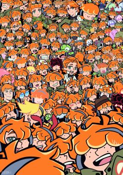  4boys 4girls 8-bit absurdres bleeding blonde_hair blood blood_from_mouth blood_on_face blue_eyes blush bow bowtie brief_(psg) brief_(psg)_(cosplay) chuck_(psg) cosplay food freckles ghost_(psg) ghostbusters_uniform green_hoodie hair_over_eyes headphones heart heart-shaped_pupils highres hood hoodie junior_(psg) kaeojay kneesocks_(psg) long_hair multicolored_hair multiple_boys multiple_girls nintendo official_style open_mouth orange_hair pancake panty_&amp;_stocking_with_garterbelt panty_(psg) panty_(psg)_(cosplay) polyester_(psg) polyurethane_(psg) scanty_(psg) siblings sisters smile splatoon_(series) stocking_(psg) stuffed_toy symbol-shaped_pupils tuxedo watermark zombie 