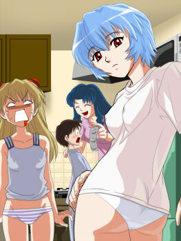  1boy 3girls anger_vein apple2e ass ayanami_rei blood blood_from_mouth blue_hair blush breasts brown_hair closed_eyes condom condom_packet_strip condom_wrapper covered_erect_nipples groin hand_on_shoulder ikari_shinji katsuragi_misato kitchen long_hair looking_back medium_breasts multiple_girls neon_genesis_evangelion no_pants no_pupils open_mouth panties profile red_eyes shirt short_hair small_breasts smile souryuu_asuka_langley striped_clothes striped_panties surprised t-shirt tank_top underwear veins white_panties  rating:Questionable score:103 user:danbooru