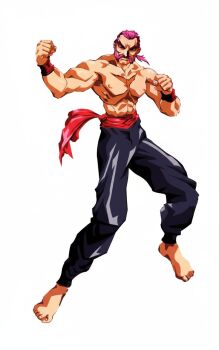  1990s_(style) 1995 1boy choujin_gakuen_gowcaizer facial_hair fighting_stance highres kaiza_gouichiro martial_arts muscular muscular_male purple_hair retro_artstyle shenlong shirtless_male 