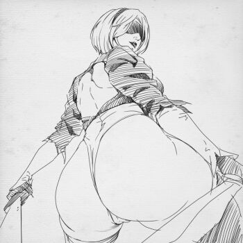 1girl 2b_(nier:automata) ass black_hairband blindfold breasts cameltoe closed_mouth from_behind from_below grabbing_own_breast hair_over_one_eye hairband high_heels huge_ass large_breasts leotard misaki_yukihiro nier:automata nier_(series) short_hair solo sword tagme thick_thighs thighhighs thighs weapon white_hair  rating:Sensitive score:17 user:JoshkLmi