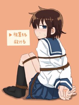  1girl arms_behind_back black_socks blue_eyes blue_sailor_collar blue_skirt blush bound bound_arms bound_legs brown_hair closed_mouth embarrassed female_focus from_behind full_body half-closed_eyes have_to_pee japanese_text kneehighs knees_up legs_together long_sleeves looking_at_viewer looking_back miniskirt nervous nose_blush orange_background original own_hands_together pleated_skirt ponnu_(tnpn2yw) profile sailor_collar school_uniform serafuku shirt short_hair sidelocks simple_background sitting skirt socks solo sweat translation_request white_shirt 