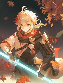  1boy absurdres ahoge armor bandaged_arm bandages chinese_commentary closed_mouth commentary_request expressionless falling_leaves genshin_impact highres holding holding_sword holding_weapon japanese_armor japanese_clothes kaedehara_kazuha katana leaf leaf_print maple_leaf maple_leaf_print maple_tree multicolored_hair orange_eyes ponytail red_hair scarf shangguan_wanyu solo sword tree weapon white_hair 