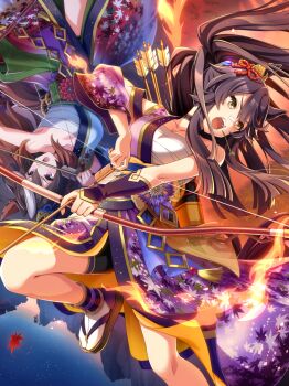  2girls absurdres arrow_(projectile) artist_request bandaid bandaid_on_face bandaid_on_nose bare_shoulders black_choker black_sandals black_shorts bow_(weapon) brown_hair chest_sarashi choker clothing_cutout collarbone cowboy_shot determined drawing_bow ear_ornament eyelashes fire floating_clothes floating_hair floral_print foot_out_of_frame game_cg hair_between_eyes hair_ornament highres holding holding_arrow holding_bow_(weapon) holding_weapon horse_girl japanese_clothes kimono knee_up leaf leaf_print light_particles long_hair long_sleeves looking_to_the_side maple_leaf mountain multicolored_hair multiple_girls narita_brian_(the_whistling_arrow's_taunt)_(umamusume) narita_brian_(umamusume) official_alternate_costume official_art okobo open_mouth outdoors pink_eyes platform_sandals print_kimono purple_kimono quiver red_kimono rope sandals sarashi shimenawa shorts shoulder_cutout single_bracer single_sleeve socks streaked_hair symboli_rudolf_(archer_by_moonlight)_(umamusume) symboli_rudolf_(umamusume) tabi teeth tome_of_the_night_sky two-sided_fabric umamusume upper_teeth_only v-shaped_eyebrows very_long_hair weapon white_socks wide_sleeves yellow_eyes yellow_kimono 