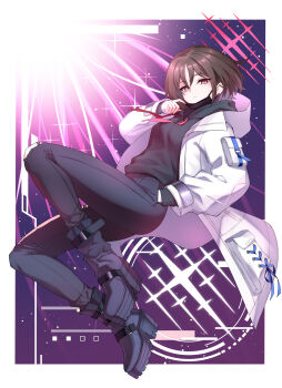  1girl absurdres barbell_piercing black_hair black_hoodie black_mask black_pants blue_archive boots ear_piercing earrings halo highres hood hoodie industrial_piercing jacket jewelry kurosaki_saya long_sleeves mask mask_pull misaki_(blue_archive) mouth_mask pants piercing red_eyes red_halo short_hair solo stud_earrings surgical_mask white_jacket 