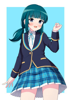  1girl aqua_hair blue_background blue_jacket blue_neckwear blue_ribbon blue_skirt character_name girlfriend_(kari) grey_eyes highres jacket kawabuchi_kazumi looking_at_viewer min_uro00 open_mouth plaid_clothes plaid_skirt ribbon school_uniform shirt skirt smile solo tagme thighs twintails white_background white_shirt 
