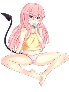  1girl arm_at_side blush camisole closed_mouth demon_tail dot_nose eating female_focus full_body hand_up happy indian_style loli long_hair looking_at_viewer nana_asta_deviluke panties pink_hair pink_panties purple_eyes simple_background sitting solo straight_hair tail to_love-ru toes underwear unholysoul white_background yellow_camisole  rating:Questionable score:4 user:Only_Kemonomimi