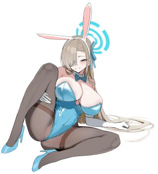  1girl absurdres ammak animal_ear_hairband animal_ears asuna_(blue_archive) asuna_(bunny)_(blue_archive) blonde_hair blue_archive blue_eyes blue_halo bow bowtie breasts commentary covered_navel detached_collar fake_animal_ears gloves grey_pantyhose hair_over_one_eye hairband halo highres large_breasts leotard long_hair m_legs pantyhose playboy_bunny rabbit_ears solo spread_legs strapless strapless_leotard thighband_pantyhose untranslatable_commentary white_gloves 