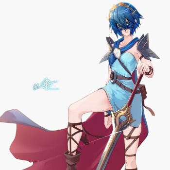  1girl alternate_costume armpits belt blue_cape blue_dress blue_hair boots breasts brown_belt brown_boots cape clear_glass_(mildmild1311) commentary_request dress facing_viewer falchion_(fire_emblem) fire_emblem fire_emblem_awakening highres holding holding_sword holding_weapon knee_boots lucina_(fire_emblem) marth_(fire_emblem_awakening) mask nintendo red_cape short_hair simple_background small_breasts solo standing sword tiara two-sided_cape two-sided_fabric weapon white_background  rating:Sensitive score:3 user:danbooru