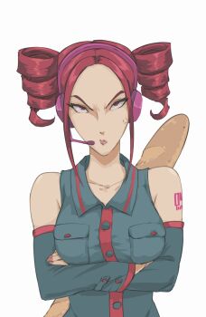  1girl anger_vein annoyed baguette bare_shoulders black_sleeves bread breast_pocket breasts collared_shirt commentary crossed_arms detached_sleeves drill_hair english_commentary food headset highres kasane_teto kasane_teto_(utau) kpop_demon_hunters lips medium_breasts mira_(kpop_demon_hunters) pocket red_hair red_nails red_trim shirt shoulder_tattoo simple_background sleeveless sleeveless_shirt solo tattoo twin_drills tyrone upper_body utau white_background 