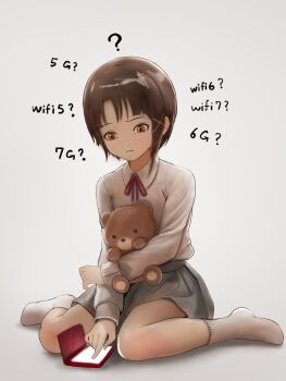  1girl ? black_hair black_skirt brown_eyes cellphone closed_mouth collared_shirt commentary confused full_body grey_background highres holding holding_stuffed_toy iwakura_lain looking_at_phone neck_ribbon nekoita no_shoes phone red_ribbon ribbon school_uniform serial_experiments_lain shirt short_hair simple_background sitting skirt smartphone socks solo stuck_in_the_past stuffed_animal stuffed_toy teddy_bear wariza white_shirt white_socks 