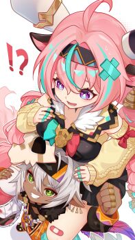  !? 2girls absurdres ahoge animal_ears aqua_hair bandaid bell black_skirt bow braid breasts bright_pupils carrying clenched_hand commentary_request cow_ears cow_girl cow_horns cow_tail cowbell dark-skinned_female dark_skin detached_sleeves earrings from_above fur_trim genshin_impact green_eyes grey_hair hair_between_eyes hair_ornament hairband headband highres horns iansan_(genshin_impact) jewelry leg_warmers long_hair m-1ng multicolored_hair multiple_girls open_mouth orange_shirt pink_hair pointy_ears purple_eyes shirt shoes shoulder_carry single_thighhigh skirt skull_hair_ornament sleeves_past_wrists smile sneakers streaked_hair sweatdrop tail thighhighs twin_braids varesa_(genshin_impact) white_background white_leg_warmers yellow_sleeves 