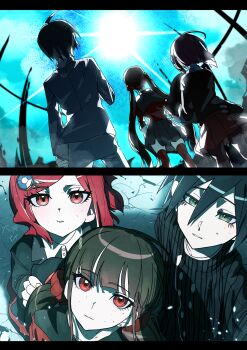  1boy 2girls ahoge black_hair black_hat black_jacket blunt_bangs brown_hair collared_shirt commentary_request danganronpa_(series) danganronpa_v3:_killing_harmony hair_ornament hair_scrunchie harukawa_maki hat highres holding jacket long_hair long_sleeves looking_at_viewer low_twintails mole mole_under_eye multiple_girls pleated_skirt red_eyes red_hair red_scrunchie red_shirt saihara_shuichi sailor_collar school_uniform scrunchie shirt short_hair skirt striped_clothes taigaai4649 twintails witch_hat yumeno_himiko 