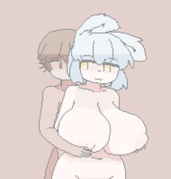  1boy 1girl :3 animal_ears animated animated_gif breast_drop breast_lift breasts brown_background brown_hair completely_nude dark-skinned_male dark_skin dot_nose grabbing_another's_breast groping huge_breasts kneading_(behavior) looking_at_another lowres megadingus navel nude original pixel_art sideways_glance simple_background upper_body whiskers white_hair 