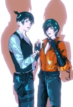  1boy 1girl ada_wong ada_wong_(cosplay) artist_name black_gloves black_hair black_pants black_vest breasts chainsaw_man cleavage collared_shirt commentary cosplay cowboy_shot earrings elbow_gloves english_commentary eyepatch fingerless_gloves gloves grey_shirt hand_on_own_hip hayakawa_aki highres himeno_(chainsaw_man) holding_own_wrist jewelry leon_s._kennedy leon_s._kennedy_(cosplay) medium_breasts oceanmotor pants parted_lips ponytail popped_collar red_shirt resident_evil resident_evil_6 shirt short_hair short_ponytail smile vest 