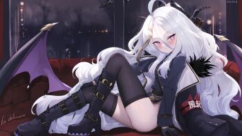  1girl absurdres ahoge black_gloves black_thighhighs blue_archive boots commentary commission demon_wings gloves halo highres hina_(blue_archive) horns long_hair looking_at_viewer nekoya_(liu) pixiv_commission purple_eyes sitting solo thighhighs white_hair wings 