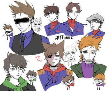  6+boys animification antenna_hair artificial_eye bags_under_eyes baseball_cap beard_stubble black_coat black_necktie black_vest blue_coat blue_shirt brown_hair burn_scar candy coat collared_shirt commentary_request curtained_hair cyborg drawstring dual_persona edd_(eddsworld) eddsworld eko_endure epaulettes episode_title facial_hair flipped_hair food food_in_mouth fun_dead_kid_(eddsworld) future_edd_(eddsworld) future_matt_(eddsworld) future_tom_(eddsworld) green_eyes green_hoodie green_jacket grey_eyes hair_behind_ear hair_ears hat head-mounted_display hood hood_down hoodie jacket jitome korean_commentary lollipop lollipop_in_mouth male_focus matt_(eddsworld) mechanical_eyes military_coat military_uniform multiple_boys necktie open_clothes open_coat open_jacket orange_hair patryck_(eddsworld) paul_(eddsworld) protected_link purple_eyes purple_hoodie purple_sweater red_army_logo_(eddsworld) red_hoodie red_leader_(eddsworld) red_sweater scar shirt short_hair simple_background single_mechanical_eye sketch smile spiked_hair stubble sweater swept_bangs thick_eyebrows tom_(eddsworld) tord_(eddsworld) trench_coat turtleneck vest white_background white_hat 