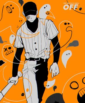  1boy baseball_bat baseball_cap baseball_uniform belt closed_mouth commentary_request copyright_name cowboy_shot english_text extra_eyes ghost grid_teeth hat highres holding holding_baseball_bat long_sleeves male_focus neg_50asu off_(game) sportswear the_batter_(off) 