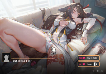  1girl absurdres after_masturbation animal_ears breasts brown_hair brown_tail china_dress chinese_clothes clothing_aside commentary couch detached_sleeves dress egg_vibrator fox_ears fox_girl fox_tail hairband highres indoors kryp132 leg_tattoo long_hair manga_(object) medium_breasts on_couch panties pelvic_curtain pelvic_curtain_aside pornography pussy_juice_stain sex_toy side-tie_panties sleeping solo tail tattoo underwear vibrator white_hairband ye_shunguang zenless_zone_zero 