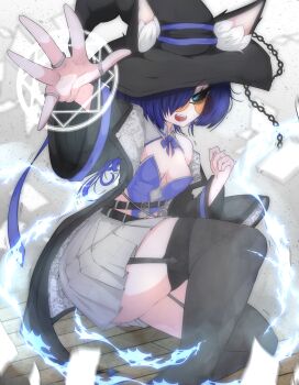  1girl absurdres animal_ear_fluff animal_ears arm_up black_hat black_sclera black_thighhighs blue_eyes blue_hair blue_leotard breasts casting_spell colored_sclera commentary commission ears_through_headwear english_commentary feet_out_of_frame garter_straps grey_skirt hair_over_one_eye hat highres jewelry leotard lightning long_sleeves looking_at_viewer magic magic_circle mayoa medium_breasts miniskirt multiple_rings one_eye_covered open_mouth original parted_bangs pleated_skirt ring short_hair skirt smile solo thighhighs witch witch_hat 