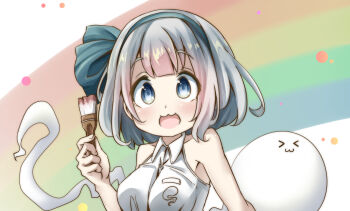  >_< adapted_costume alternate_breast_size_(larger) bow_hairband breasts center-flap_bangs collared_shirt commentary_request double-parted_bangs green_hairband grey_eyes grey_hair hairband highres holding holding_brush konpaku_youmu konpaku_youmu_(ghost) medium_breasts paintbrush pegashi rainbow_background raised_eyebrows shirt short_hair sleeveless sleeveless_shirt touhou upper_body white_shirt 