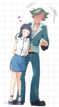  1boy 1girl aokaze_nana arms_behind_back bare_arms bare_legs black_shoes blue_hair blue_shoes blue_skirt blunt_bangs blush closed_eyes collarbone column column_lineup column_lineup_background couple denim denim_skirt frilled_shirt frills full_body gradient_hair green_hair green_jacket hair_ornament hairpin heart heart-shaped_pupils high_heels highres jacket kimi_to_idol_precure leaning_on_person loafers long_hair long_sleeves mature_male midriff_peek miniskirt multicolored_hair neck no7star open_clothes open_jacket orange_hair pillar precure shirt shoes short_hair skirt sleeveless sleeveless_shirt standing symbol-shaped_pupils white_shirt zakkuri_(precure) 