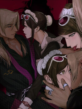  1boy 1girl ace_attorney alternate_costume alternate_hairstyle amikoiiko apollo_justice:_ace_attorney apron bathrobe black_dress black_robe black_sash black_shirt blonde_hair blue_eyes blush brown_hair bun_cover chain_belt close-up closed_mouth collared_shirt commentary dark-skinned_male dark_skin dress ema_skye enmaided eyewear_on_head facing_to_the_side fangs fingernails frilled_apron frills from_side green_eyes green_ribbon hair_ribbon half_updo hand_on_another's_cheek hand_on_another's_face highres initial jewelry juliet_sleeves kiss klavier_gavin licking_blood long_hair long_sleeves looking_at_another maid maid_apron maid_headdress middle_ring mismatched_eyebrows multiple_rings multiple_views open_clothes open_collar open_robe pectoral_cleavage pectorals pink-tinted_eyewear pink_lips pink_wrist_cuffs popped_collar puffy_sleeves purple_trim quilted_jacket red_background ribbon ring robe sash sharp_teeth shirt simple_background smile squishing sunglasses sweat teeth thick_lips thumb_ring tinted_eyewear topless_male untranslatable_commentary vampire waist_apron watch white-framed_eyewear white_apron white_wrist_cuffs wrist_cuffs wristwatch zoom_layer 