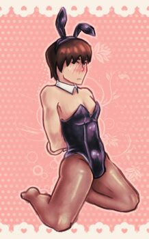 absurdres black_eyes bound bound_wrists brown_hair crossdressing embarrassed full_body highres kneeling male_focus male_playboy_bunny mii_(nintendo) nintendo pantyhose pink_background playboy_bunny polka_dot polka_dot_background sexually_suggestive tomodachi_life yaoi